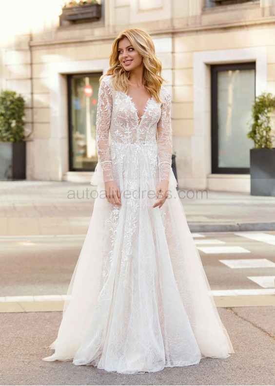 Ivory Lace Tulle V Back Fairy Wedding Dress